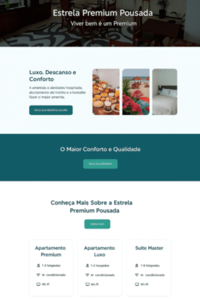 Layout de site com foco em conforto e hospedagem premium.