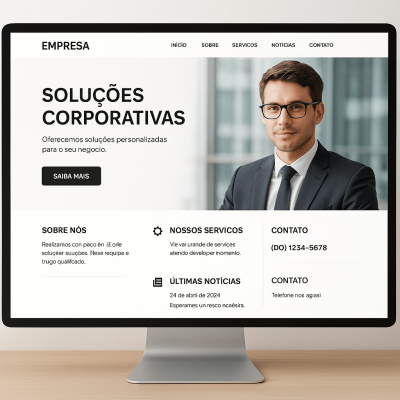 Layout de site institucional corporativo em monitor.